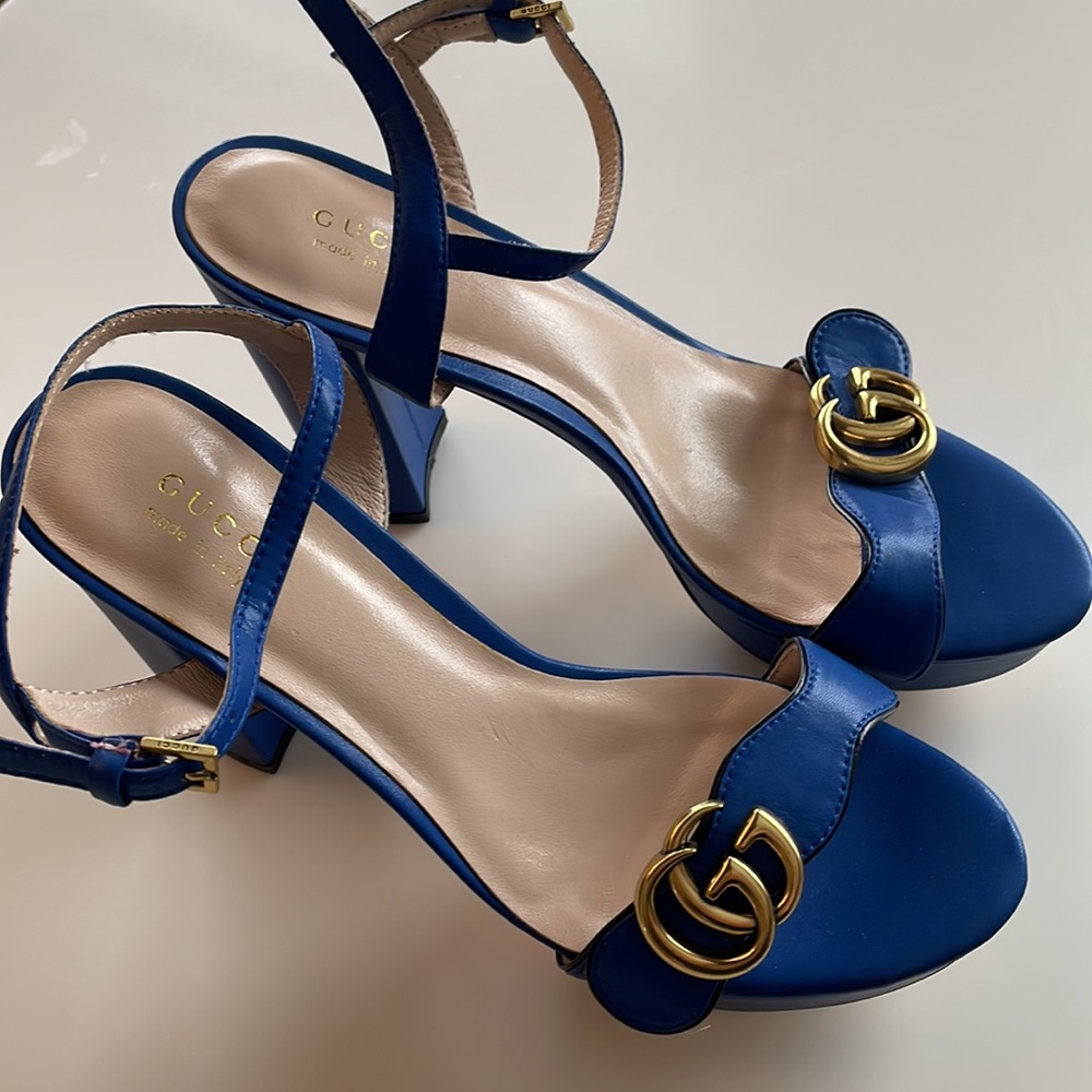Gucci Blue Sandals with Gold Accents
